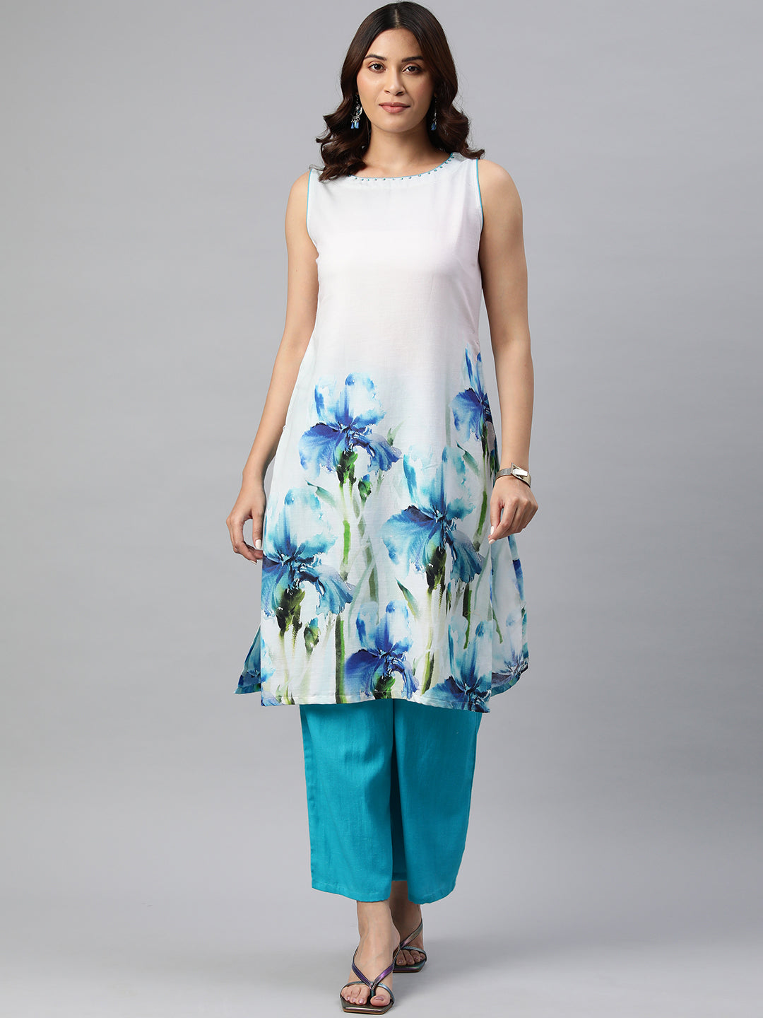 Blue Color Floral Printed Pure Cotton Kurta Set