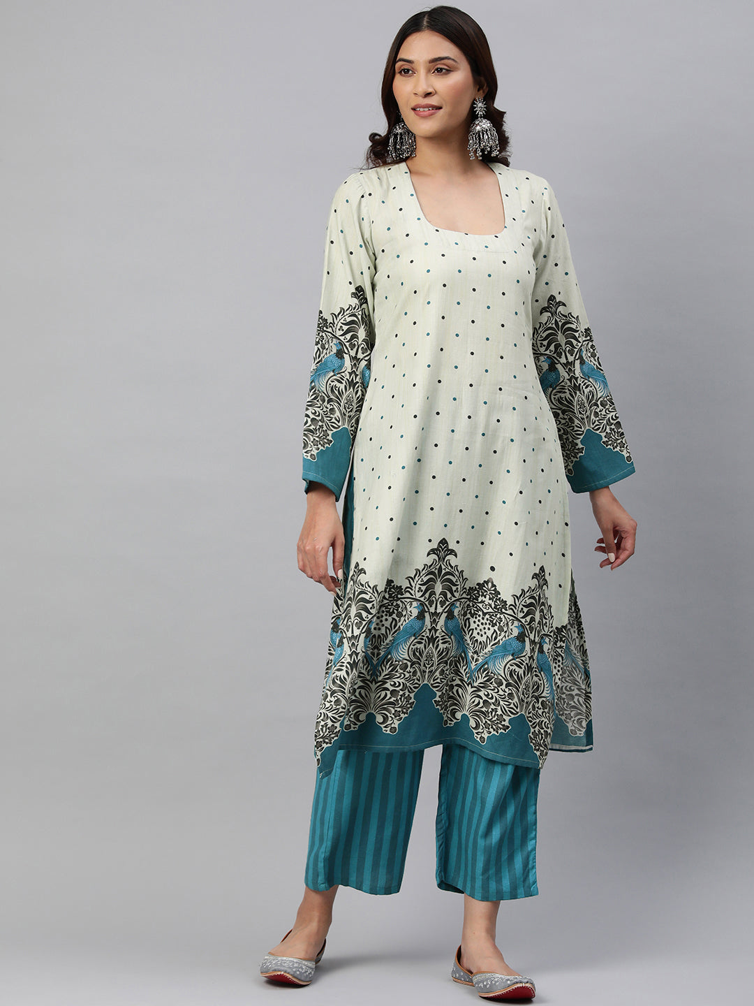 Beige Color Floral Printed Pure Cotton Kurta Set