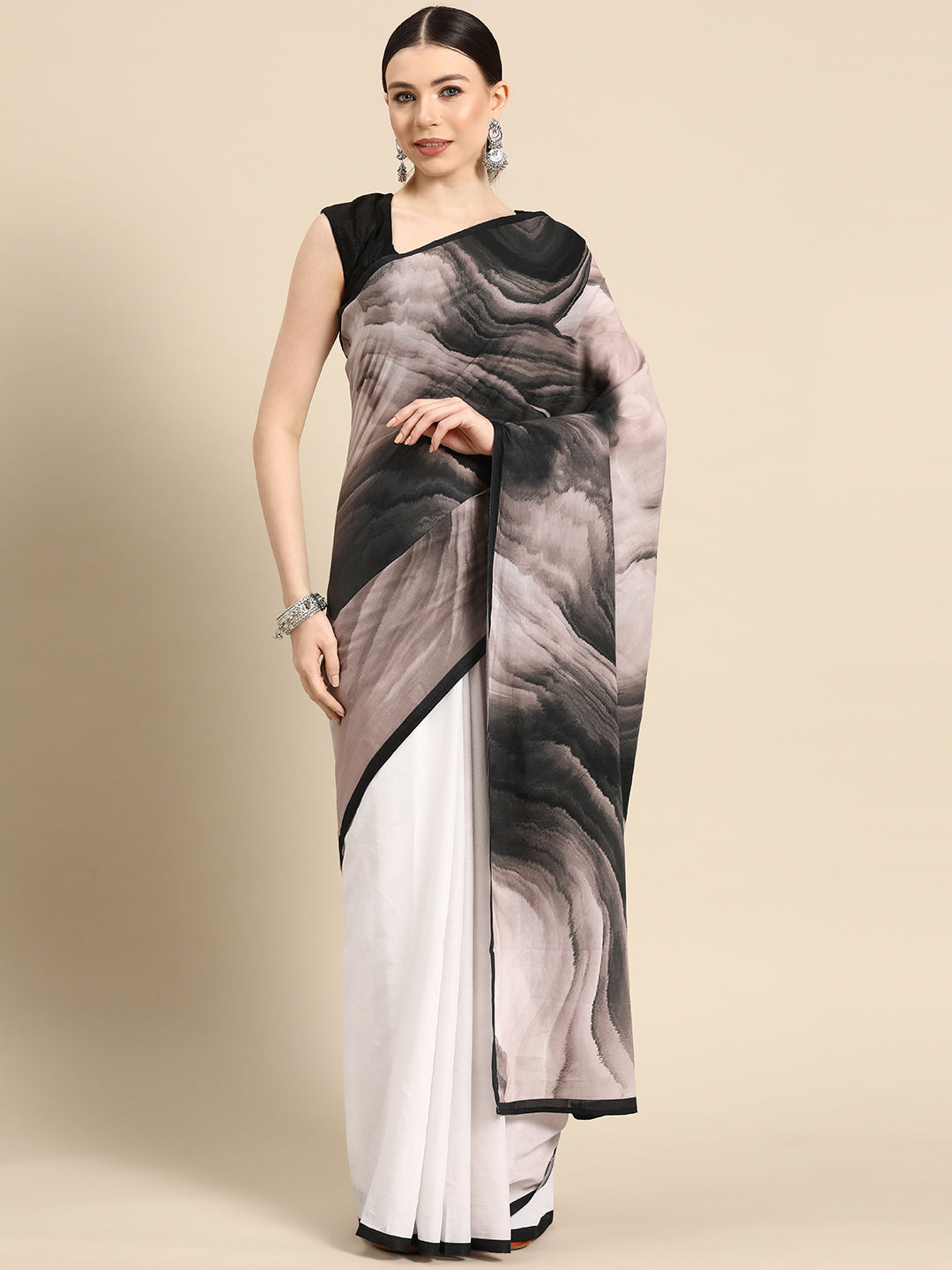 Buta Buti Black Colour Abstract Printed Pure Cotton Saree With Unstitched Blouse