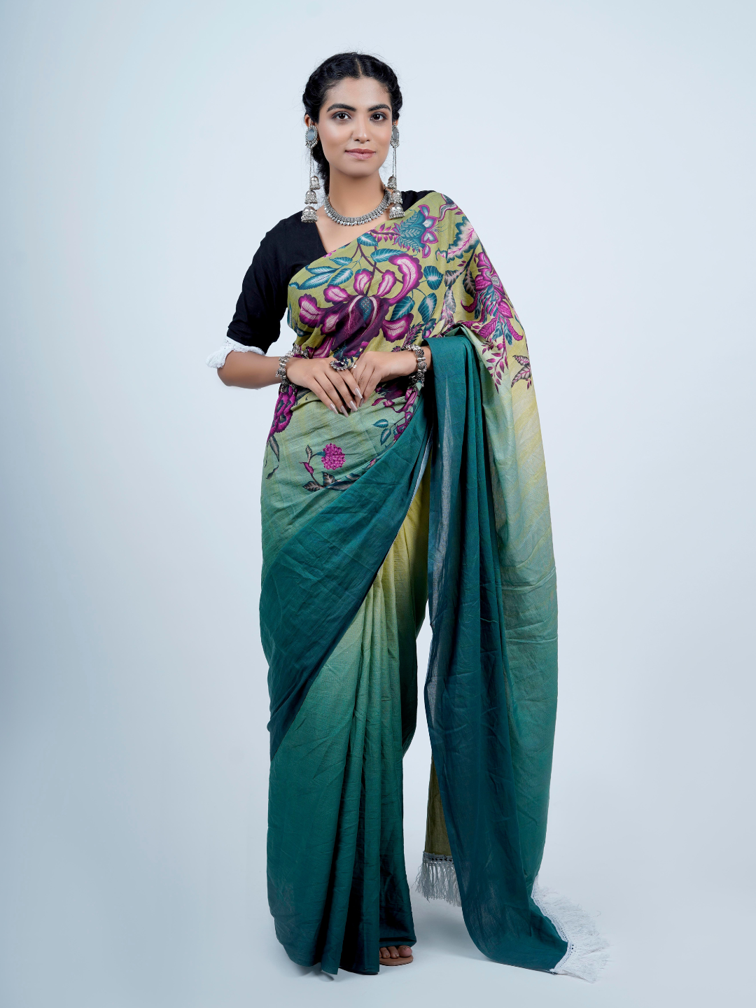 Buta Buti Chintz Floral Printed Cotton Tasseled Saree