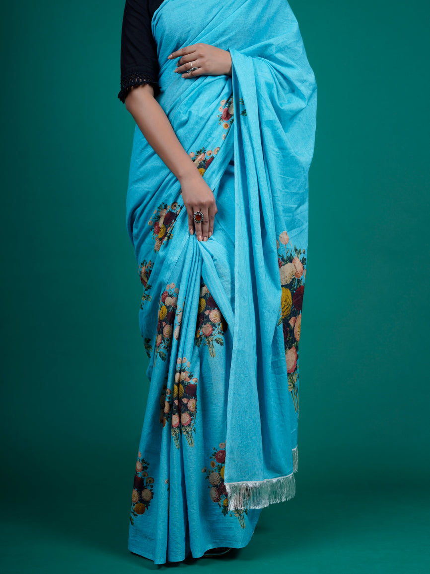 Buta Buti Blue Color Floral Printed Pure Cotton Saree With Unstitched Blouse And lace