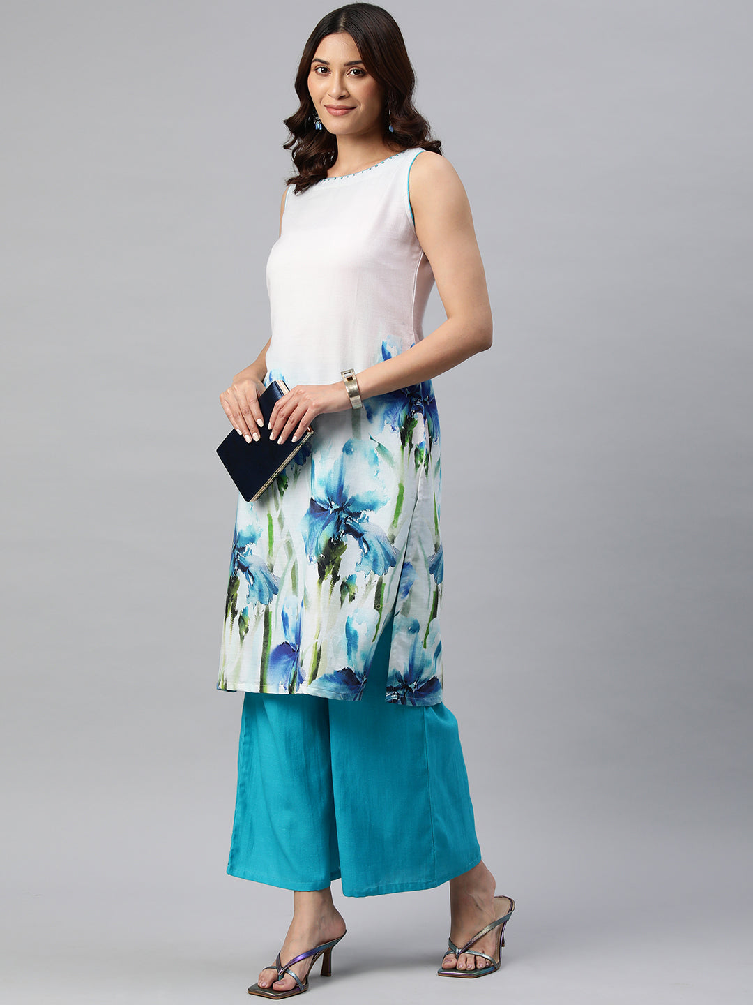 Blue Color Floral Printed Pure Cotton Kurta Set