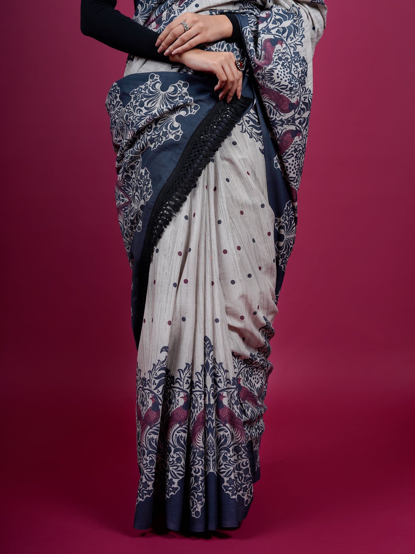 Buta Buti Ethnic Printed Cotton Saree With Tassels Embellishment