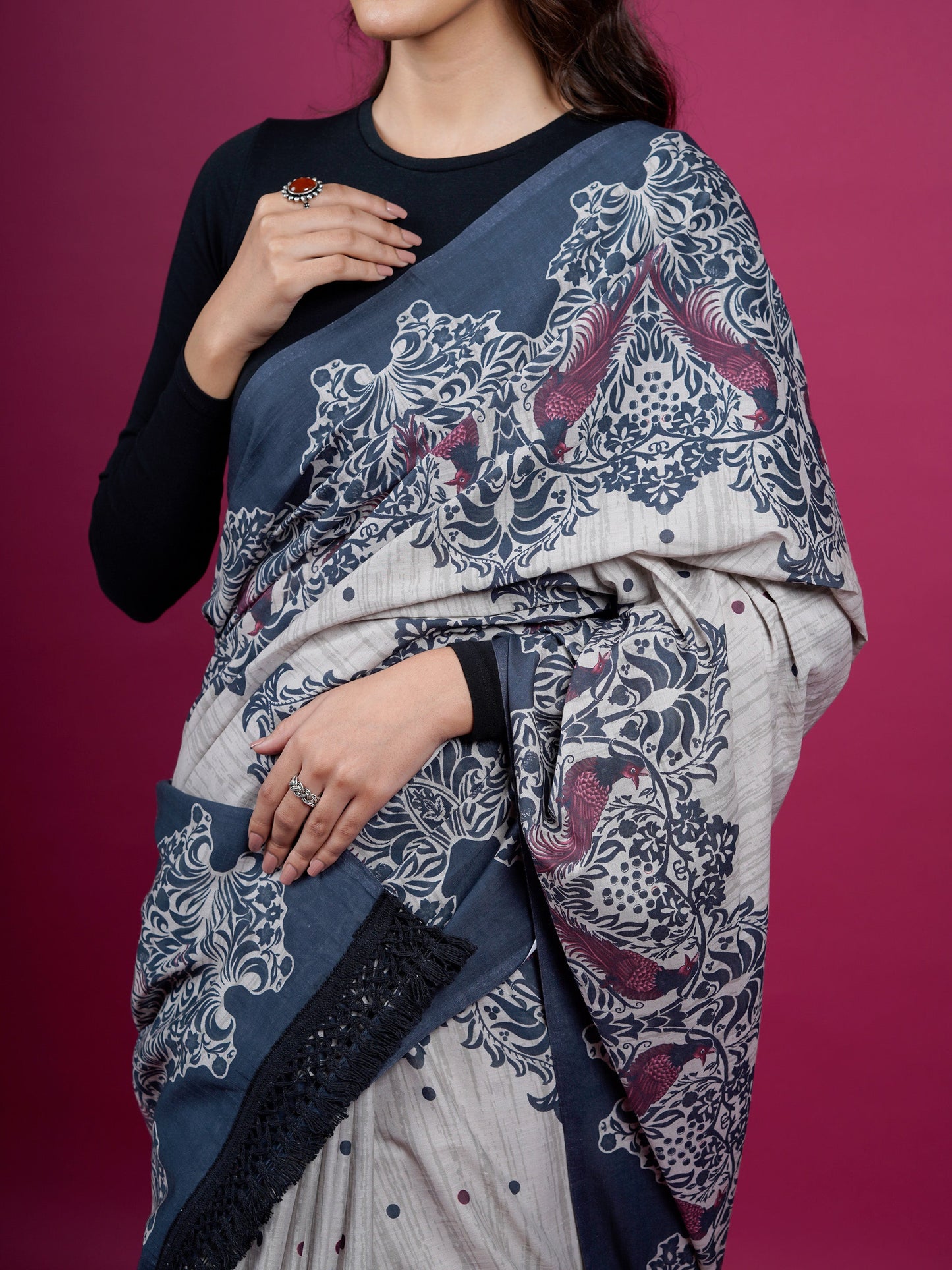 Buta Buti Ethnic Printed Cotton Saree With Tassels Embellishment