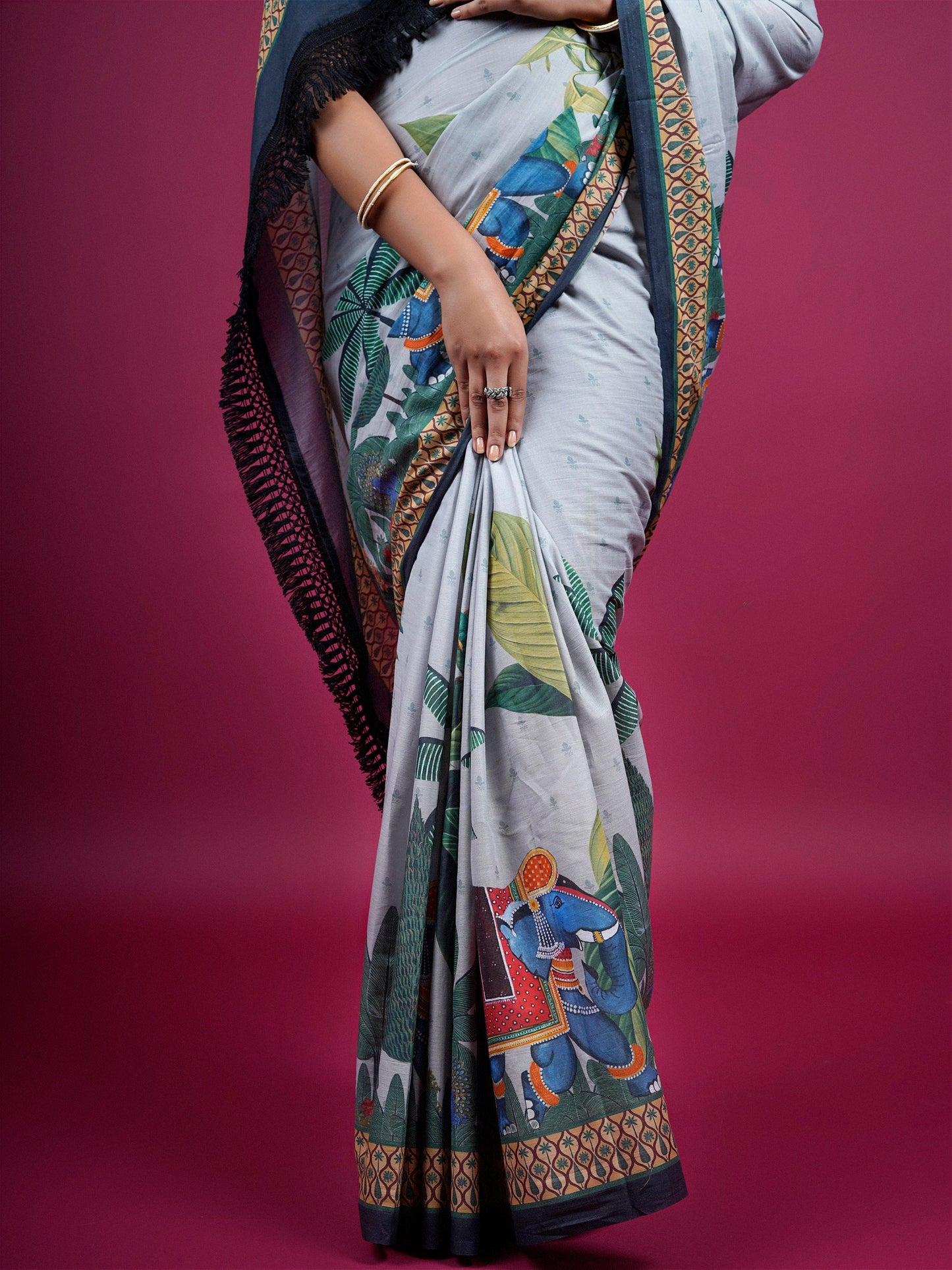 Buta Buti Botanical Printed Cotton Saree With Tassels Embellishment