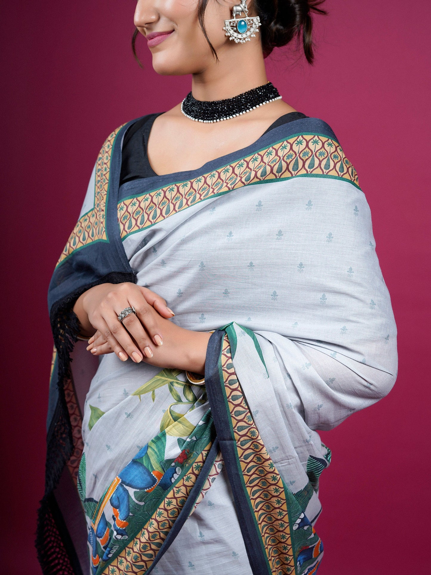 Buta Buti Botanical Printed Cotton Saree With Tassels Embellishment