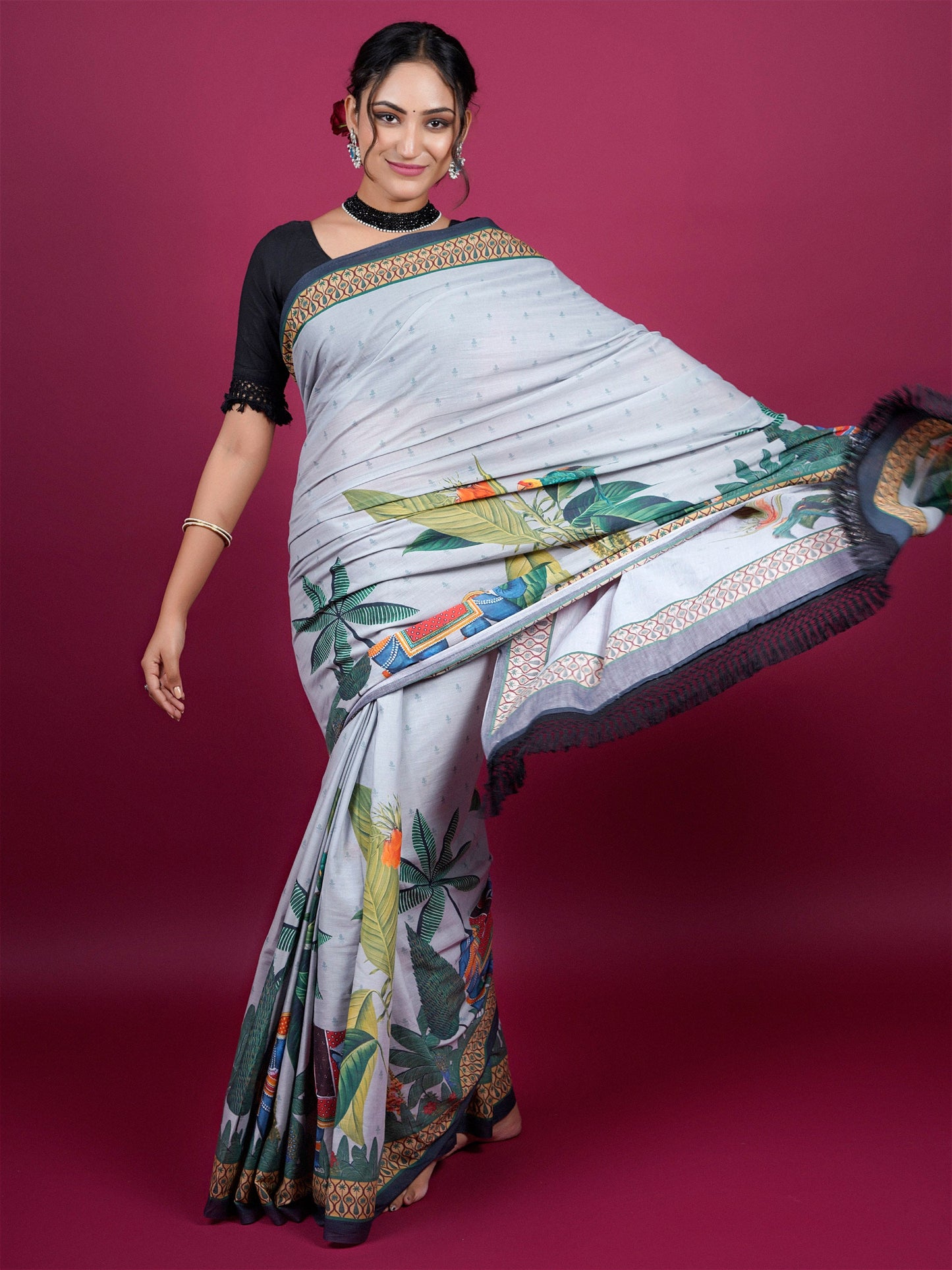 Buta Buti Botanical Printed Cotton Saree With Tassels Embellishment
