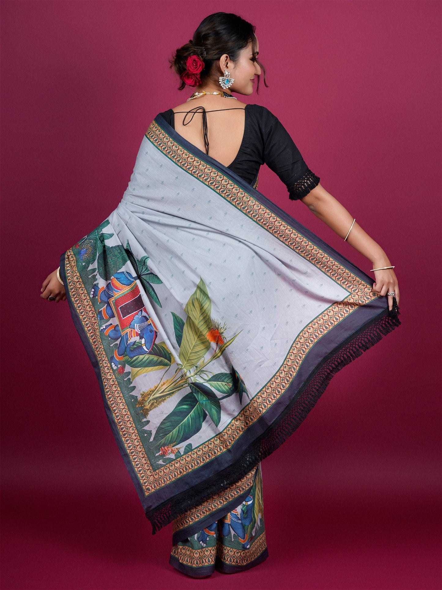 Buta Buti Botanical Printed Cotton Saree With Tassels Embellishment