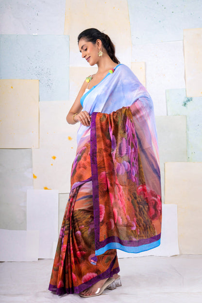 BlueWild wood scape saree