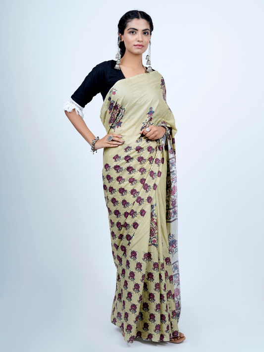 Buta Buti Chintz Floral Printed Cotton Tasseled Saree