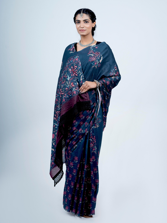 Buta Buti Chintz Floral Printed Cotton Tasseled Saree