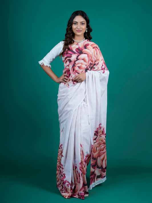 Buta Buti White Color Floral Printed Pure Cotton Saree With Unstitched Blouse And lace