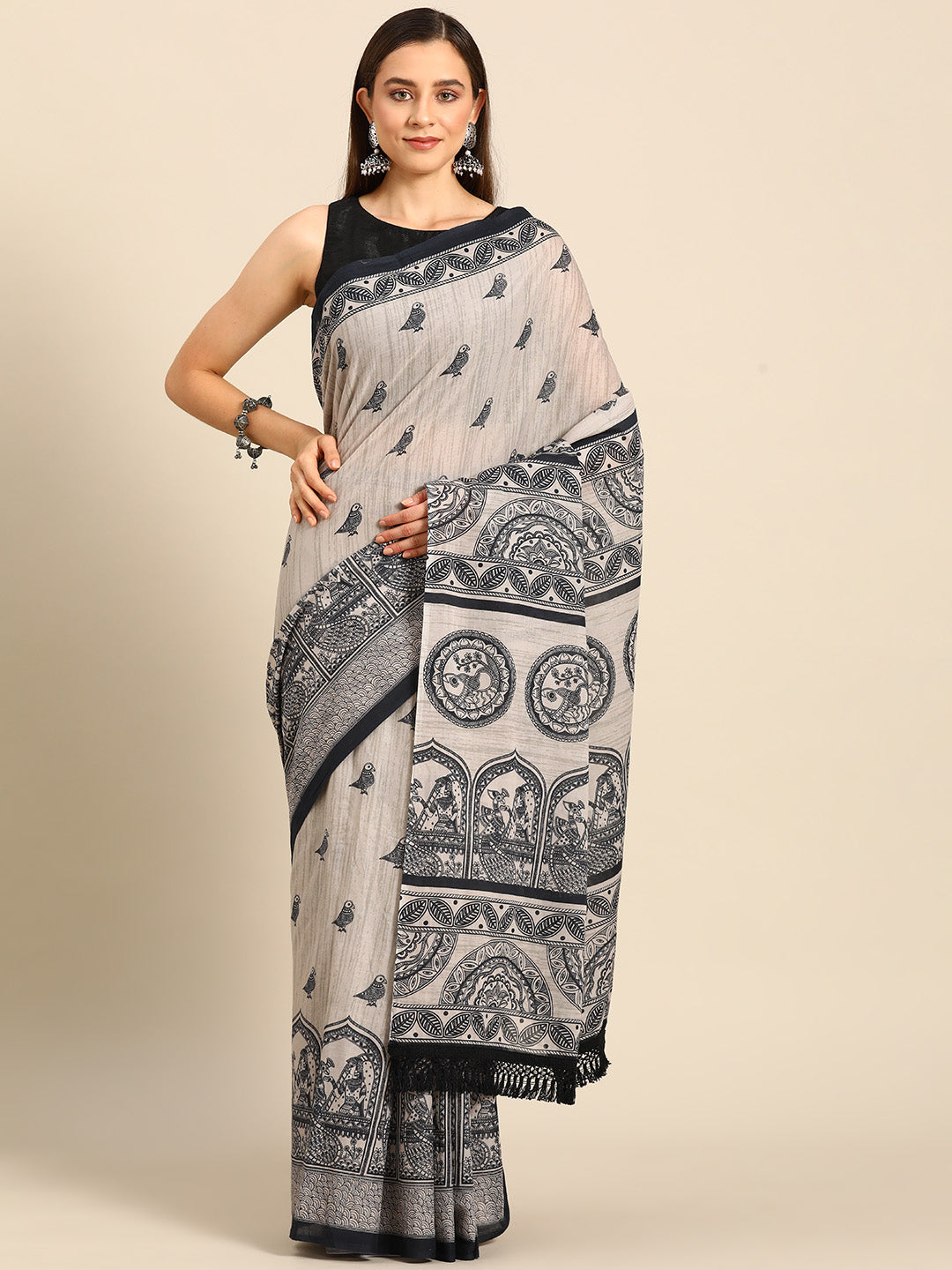 Buta Buti Beige Colour Abstract Printed Pure Cotton Saree With Unstitched Blouse And Lace