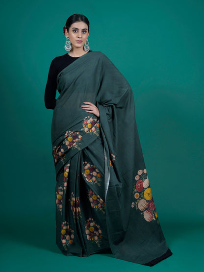 Buta Buti Green Color Floral Printed Pure Cotton Saree With Unstitched Blouse And lace