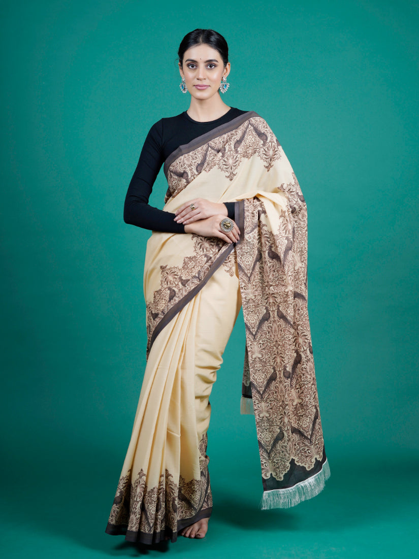 Buta Buti Beige Color Floral Printed Pure Cotton Saree With Unstitched Blouse And lace