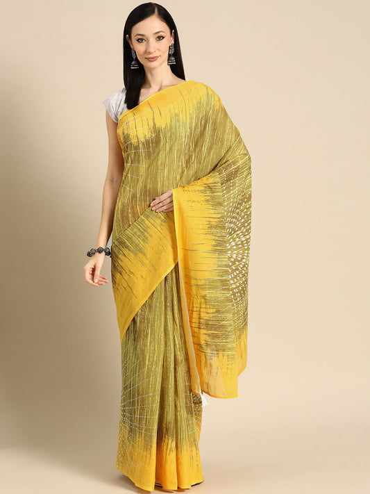 Buta Buti Yellow Colour Abstract Printed Pure Cotton Saree With Unstitched Blouse And Lace