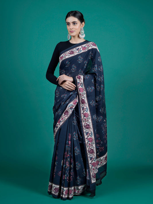 Buta Buti Blue Color Floral Printed Pure Cotton Saree With Unstitched Blouse And lace