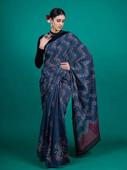 Buta Buti Blue Color Floral Printed Pure Cotton Saree With Unstitched Blouse And lace