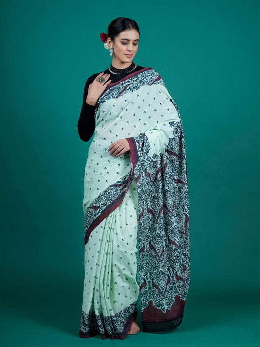 Buta Buti Sea Green Color Floral Printed Pure Cotton Saree With Unstitched Blouse And lace