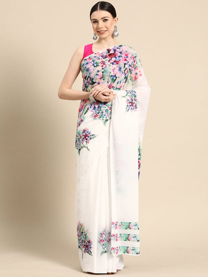 Buta Buti White Colour Floral  Printed Pure Cotton Saree With Unstitched Blouse