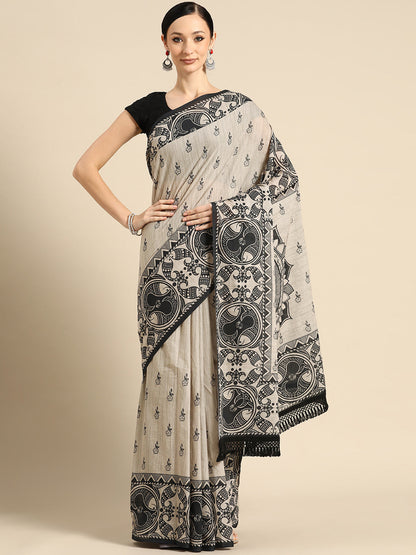 Buta Buti Cream Colour Floral Printed Pure Cotton Saree With Unstitched Blouse And Lace