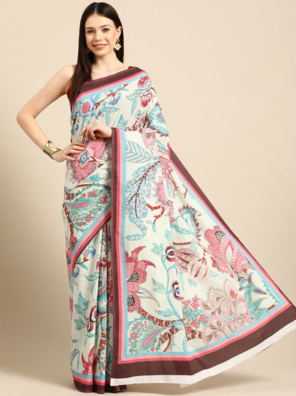 Buta Buti Cream Colour Floral  Printed Pure Cotton Saree With Unstitched Blouse