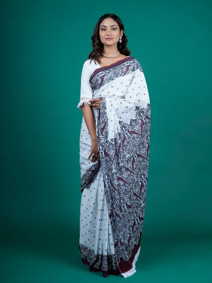 Buta Buti White Color Floral Printed Pure Cotton Saree With Unstitched Blouse And lace