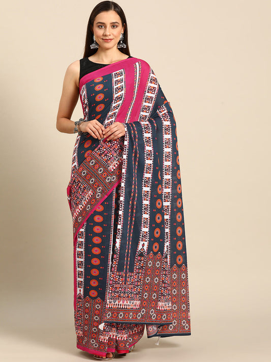 Buta Buti Blue Colour Abstract Printed Pure Cotton Saree With Unstitched Blouse And Lace