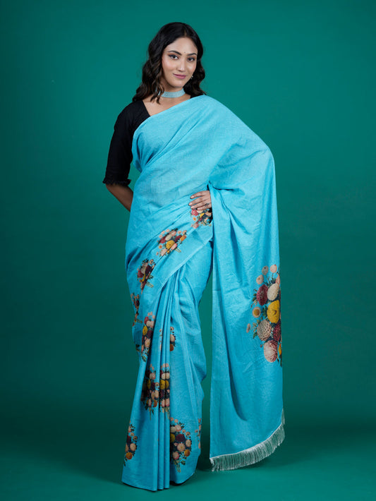 Buta Buti Blue Color Floral Printed Pure Cotton Saree With Unstitched Blouse And lace