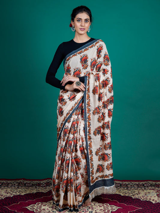 Buta Buti Beige Color Floral Printed Pure Cotton Saree With Unstitched Blouse And lace