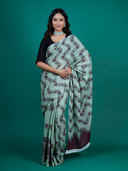 Buta Buti Chintz Floral Printed Cotton Tasseled Saree