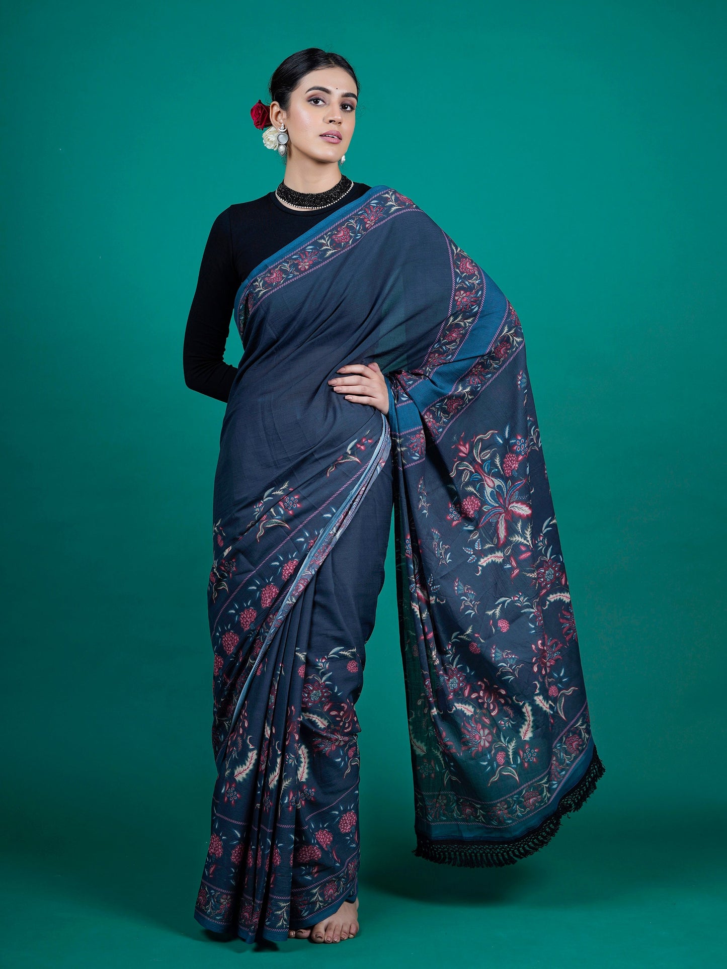 Buta Buti Blue Color Floral Printed Pure Cotton Saree With Unstitched Blouse And lace