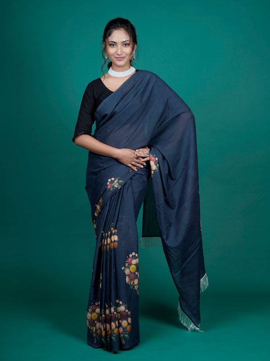 Buta Buti Floral Printed Cotton Tasseled Saree