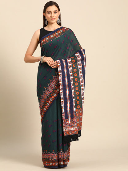 Buta Buti Multi Colour Abstract Printed Pure Cotton Saree With Unstitched Blouse And Lace