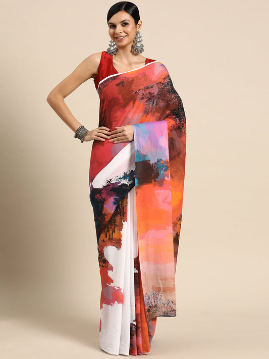 Buta Buti Red Colour Abstract Printed Pure cotton Saree With Unstitched Blouse