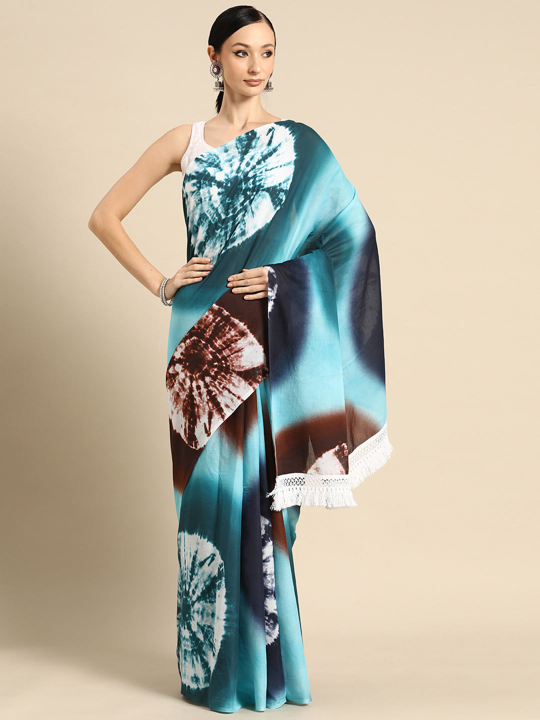 Buta Buti Blue Colour Tie and Dye Printed Pure Cotton Saree With Unstitched Blouse And Lace