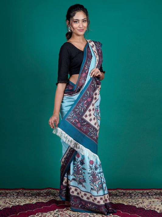 Buta Buti Blue Color Floral Printed Pure Cotton Saree With Unstitched Blouse And lace