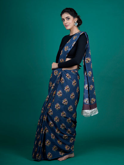 Buta Buti Floral Printed Cotton Tasseled Saree