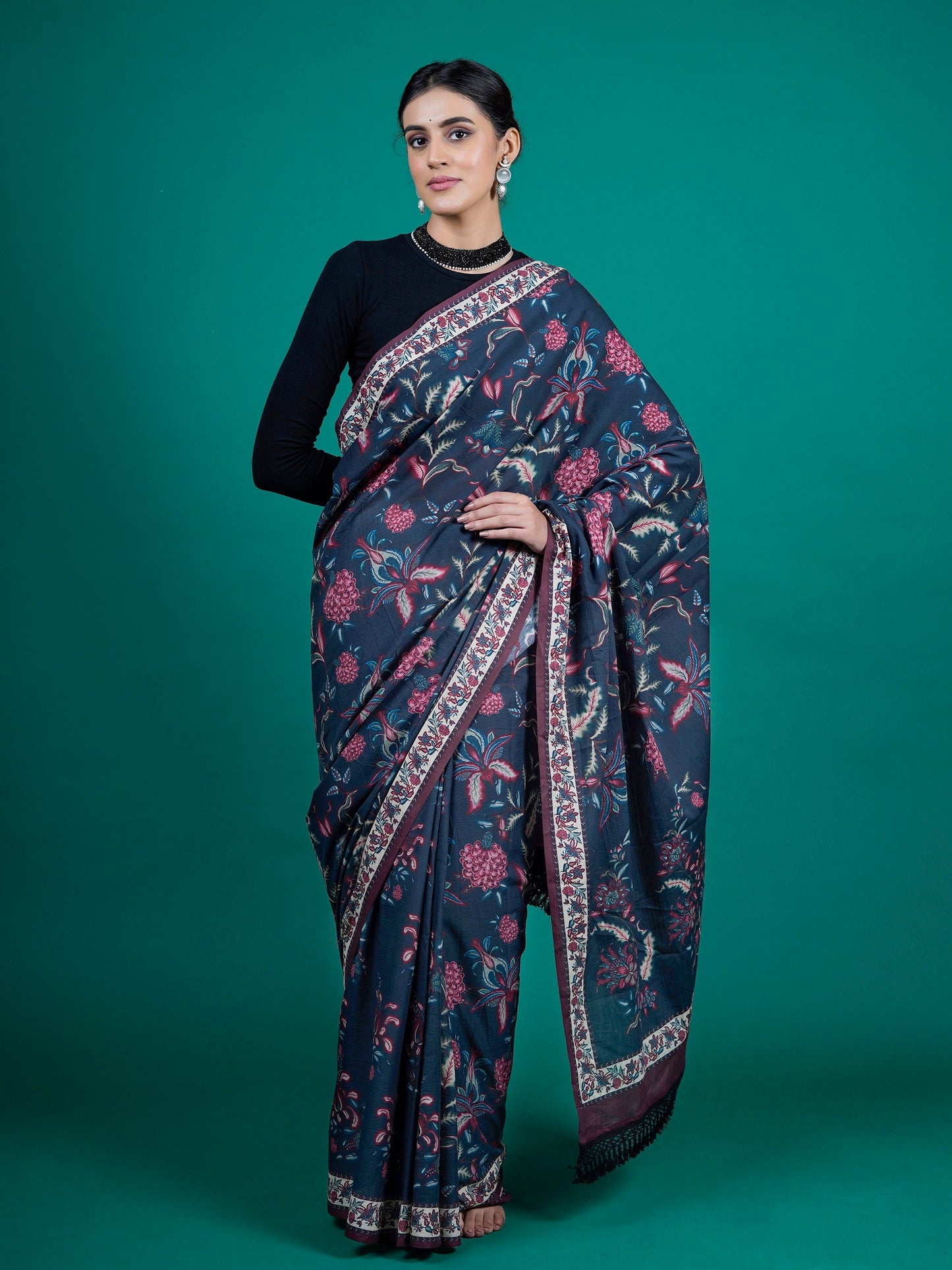 Buta Buti Blue Color Floral Printed Pure Cotton Saree With Unstitched Blouse And lace