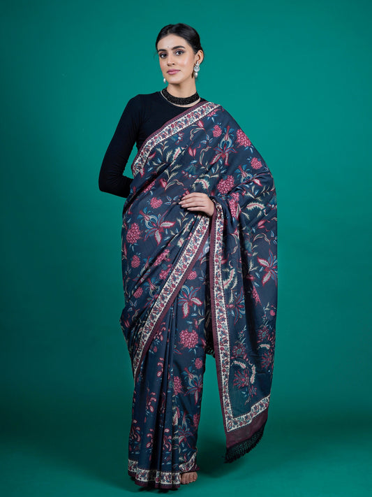 Buta Buti Blue Color Floral Printed Pure Cotton Saree With Unstitched Blouse And lace