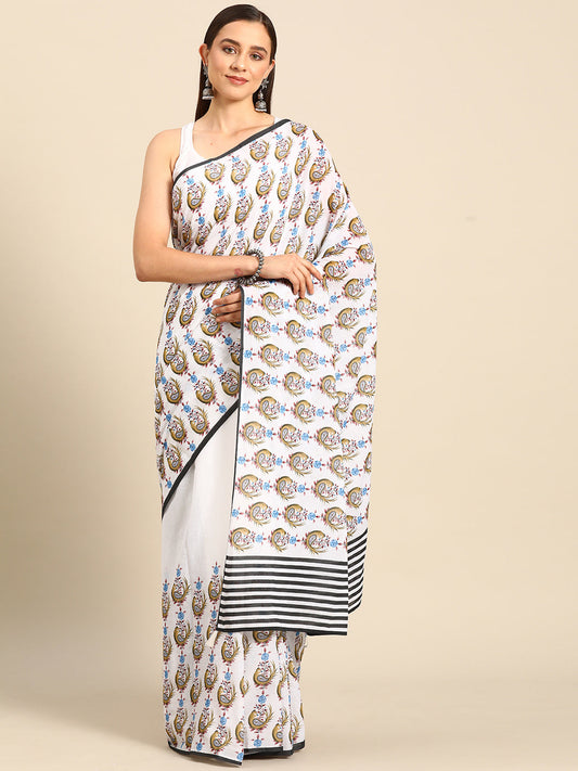 Buta Buti White Colour Floral Printed Pure Cotton Saree With Unstitched Blouse And Lace