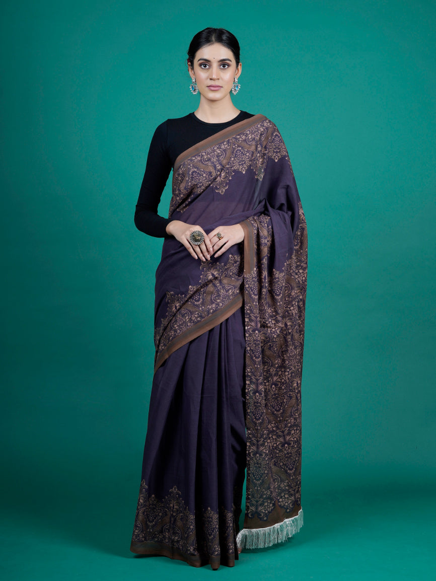 Buta Buti lavender Color Floral Printed Pure Cotton Saree With Unstitched Blouse And lace