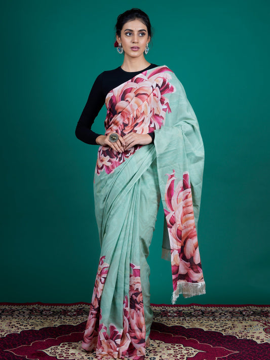 Buta Buti Green Color Floral Printed Pure Cotton Saree With Unstitched Blouse And lace