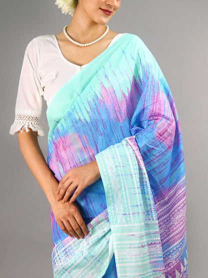 Buta Buti Multi Colour Tie and Dye Printed Pure Cotton Saree With Unstitched Blouse And Lace