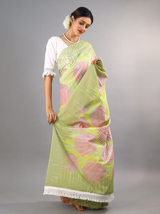 Green Tie-Dye Cotton Saree