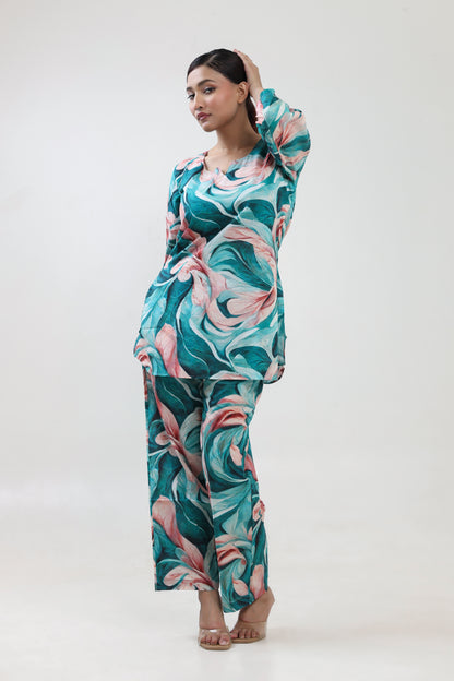 Teal waterflow printed coordset