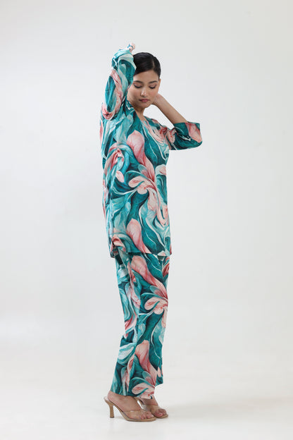 Teal waterflow printed coordset