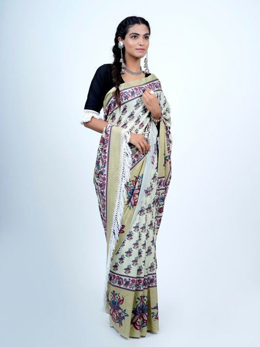 Buta Buti Chintz Floral Printed Cotton Tasseled Saree