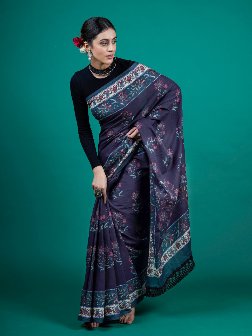 Buta Buti Chintz Floral Printed Cotton Tasseled Saree