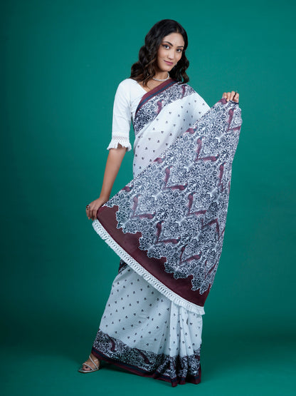 Buta Buti White Color Floral Printed Pure Cotton Saree With Unstitched Blouse And lace